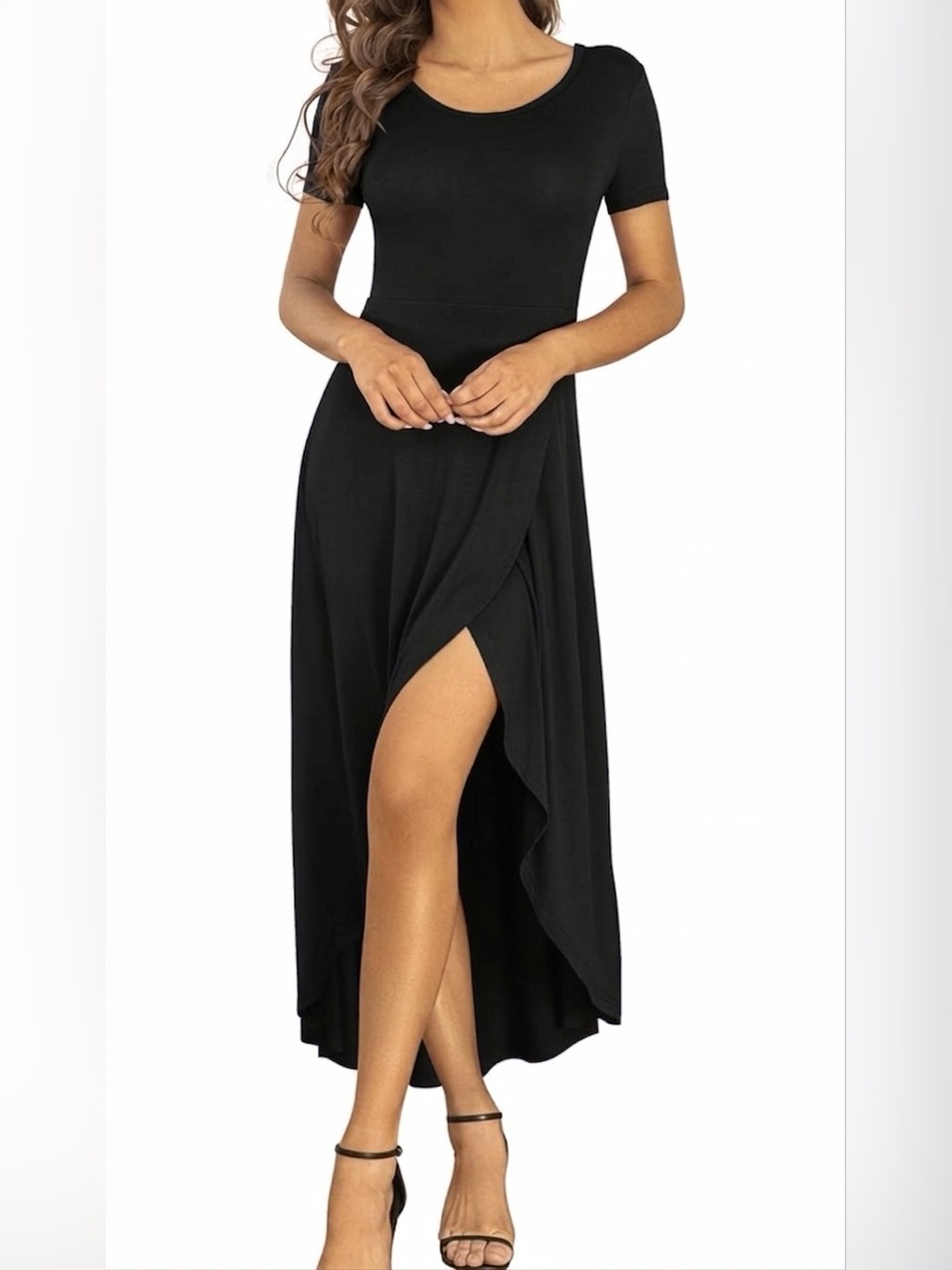 Black Short-Sleeve High-Slit Maxi Dress - Elegant Everyday Style
